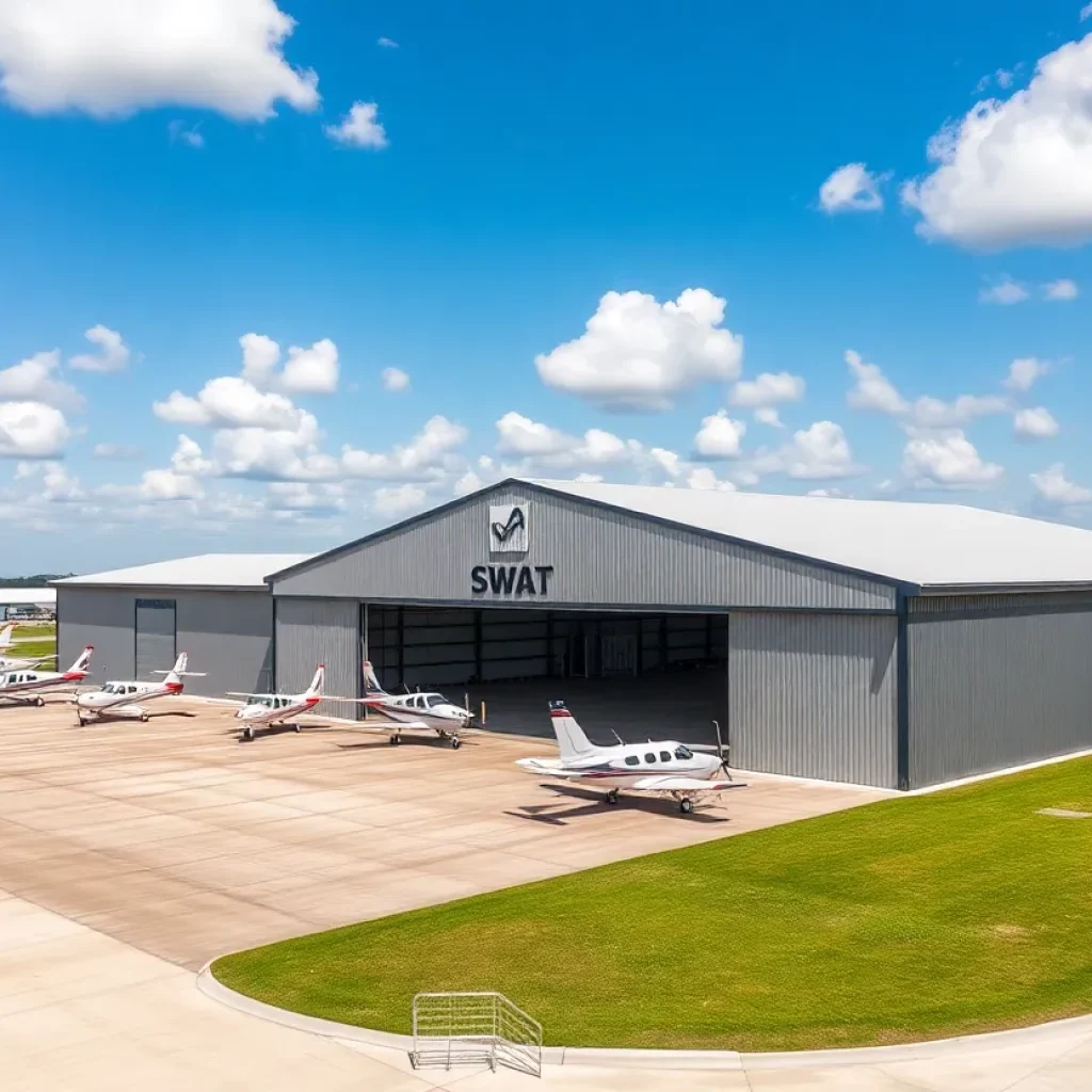 Georgetown Executive Airport with lush surroundings and parked aircraft during a sunny day.