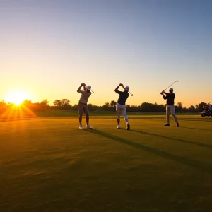 Golf course with golfers practicing at sunset