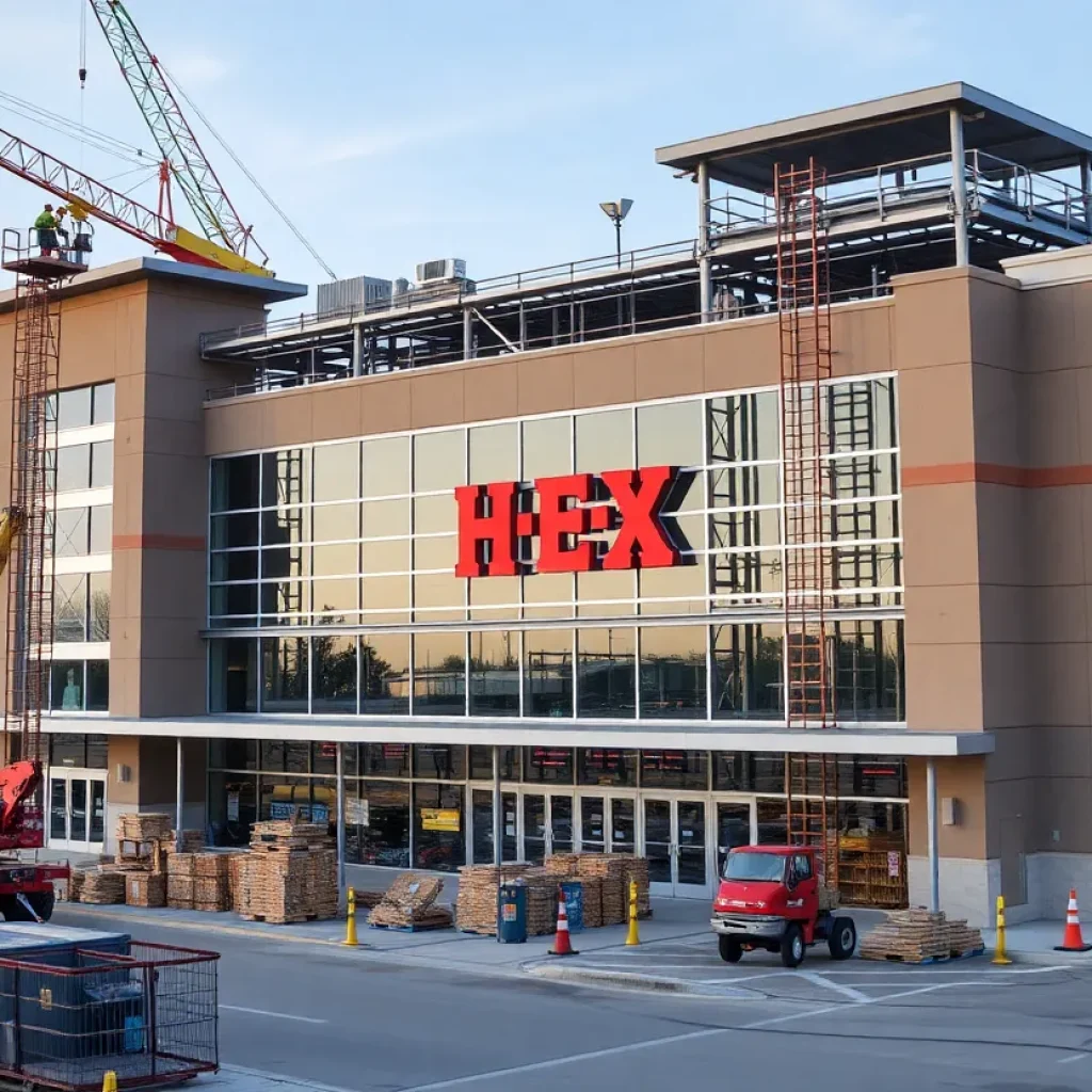 Under construction H-E-B store in Georgetown with cranes