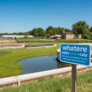 View of Leander Texas water treatment facility with conservation signs