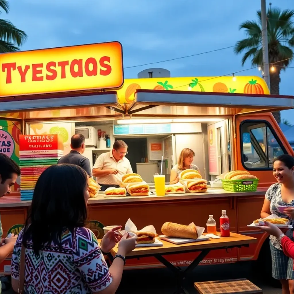 Minerva Tortas Ahogadas food truck with customers in Round Rock