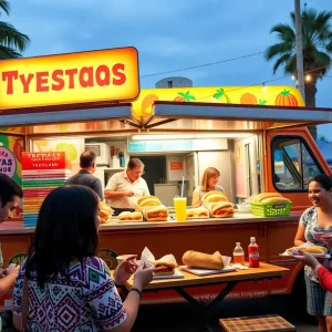 Minerva Tortas Ahogadas food truck with customers in Round Rock