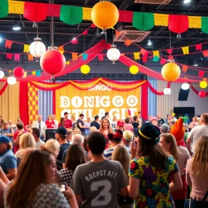 Crowd at Pflugerville Drag Bingo Night with colorful costumes