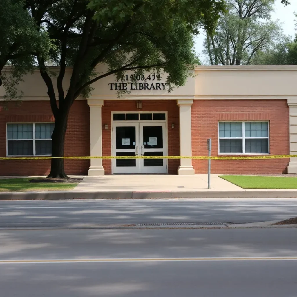 Entrance of Pflugerville Public Library closed with caution tape