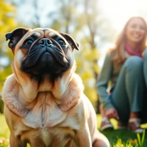 A cheerful pug in a park