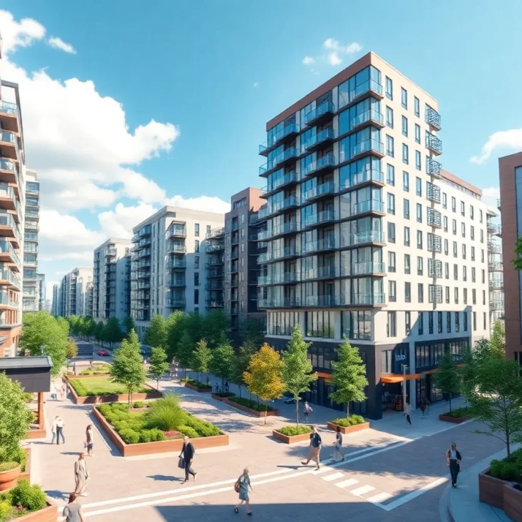 Conceptual rendering of Round Rock's mixed-use development featuring apartments, offices, and retail spaces.