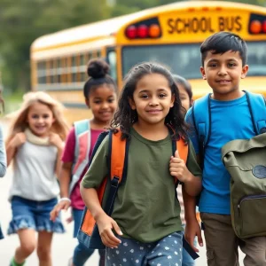 Diverse children walking to school with a school bus in the background