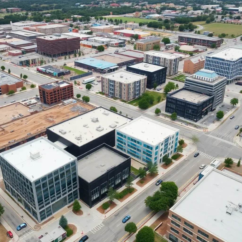 Aerial view of Taylor, Texas with construction sites and downtown area.