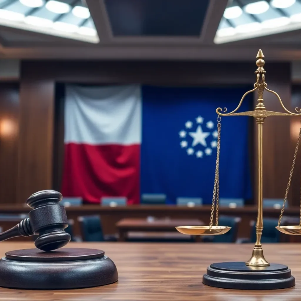 Courtroom with symbols of justice and the Texas state flag