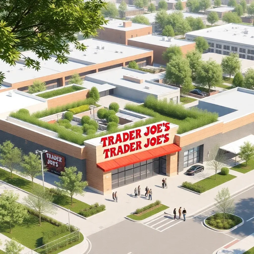 Rendering of Trader Joe's store and mixed-use development.