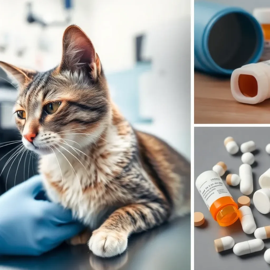 Collage depicting a cat in a vet clinic and unmarked drug packages