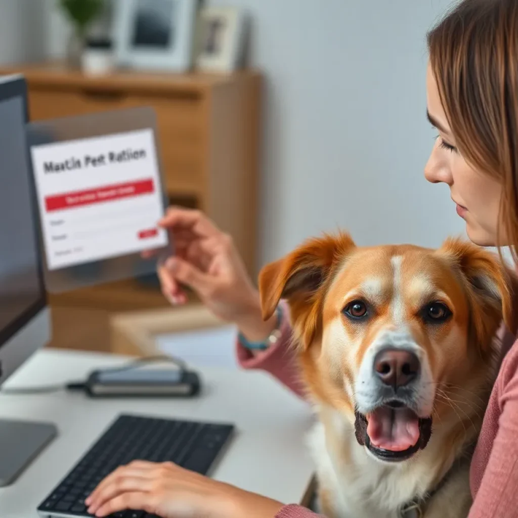 A pet owner looks concerned while checking their dog's microchip registration.