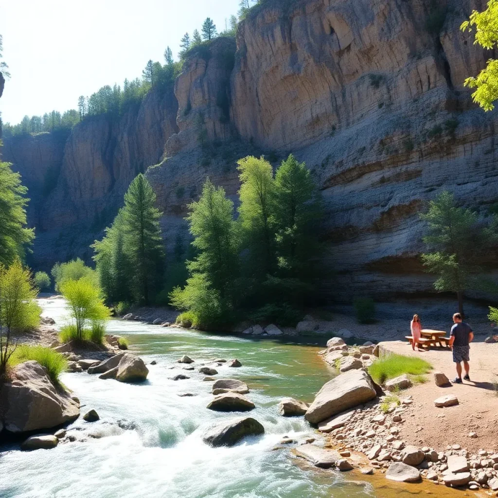 A beautiful view of Blue Hole Park in Georgetown with rushing waters and recreational areas.