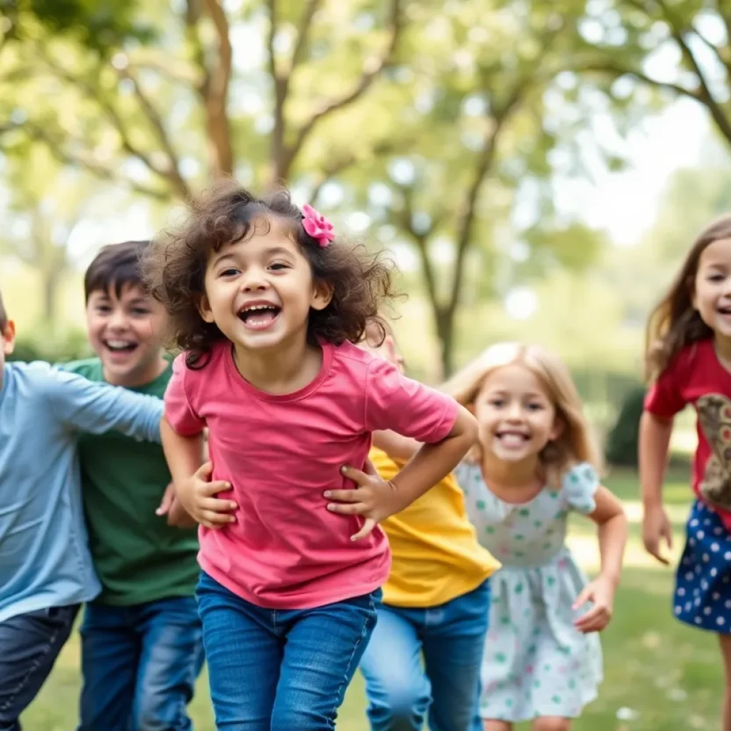 Group of children playing in a park, representing foster care adoption.