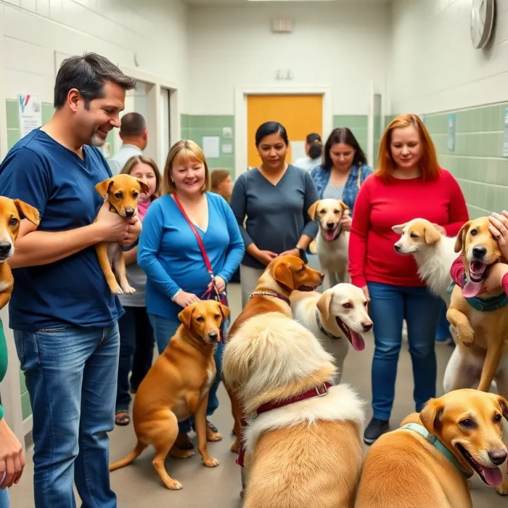 Community members at a spay and neuter clinic with their pets.