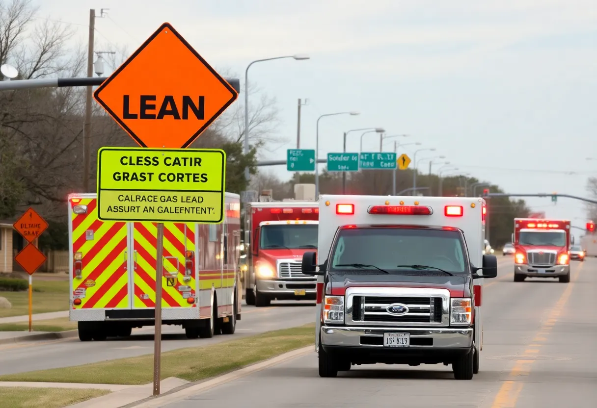 Emergency vehicles on a road in Round Rock, Texas due to a natural gas leak.