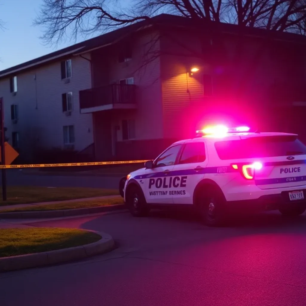 Police car and caution tape at apartment complex