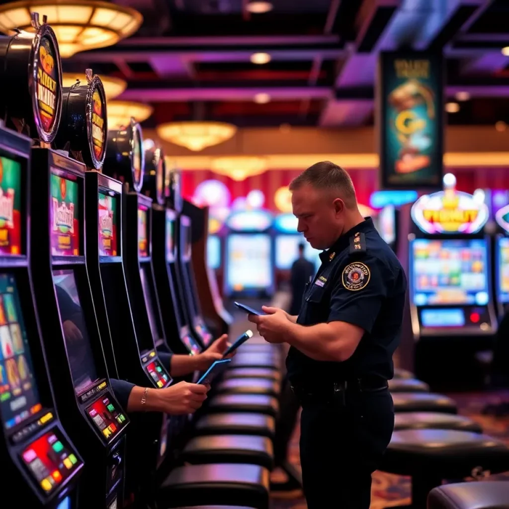 Police officers conducting a raid in a gaming lounge