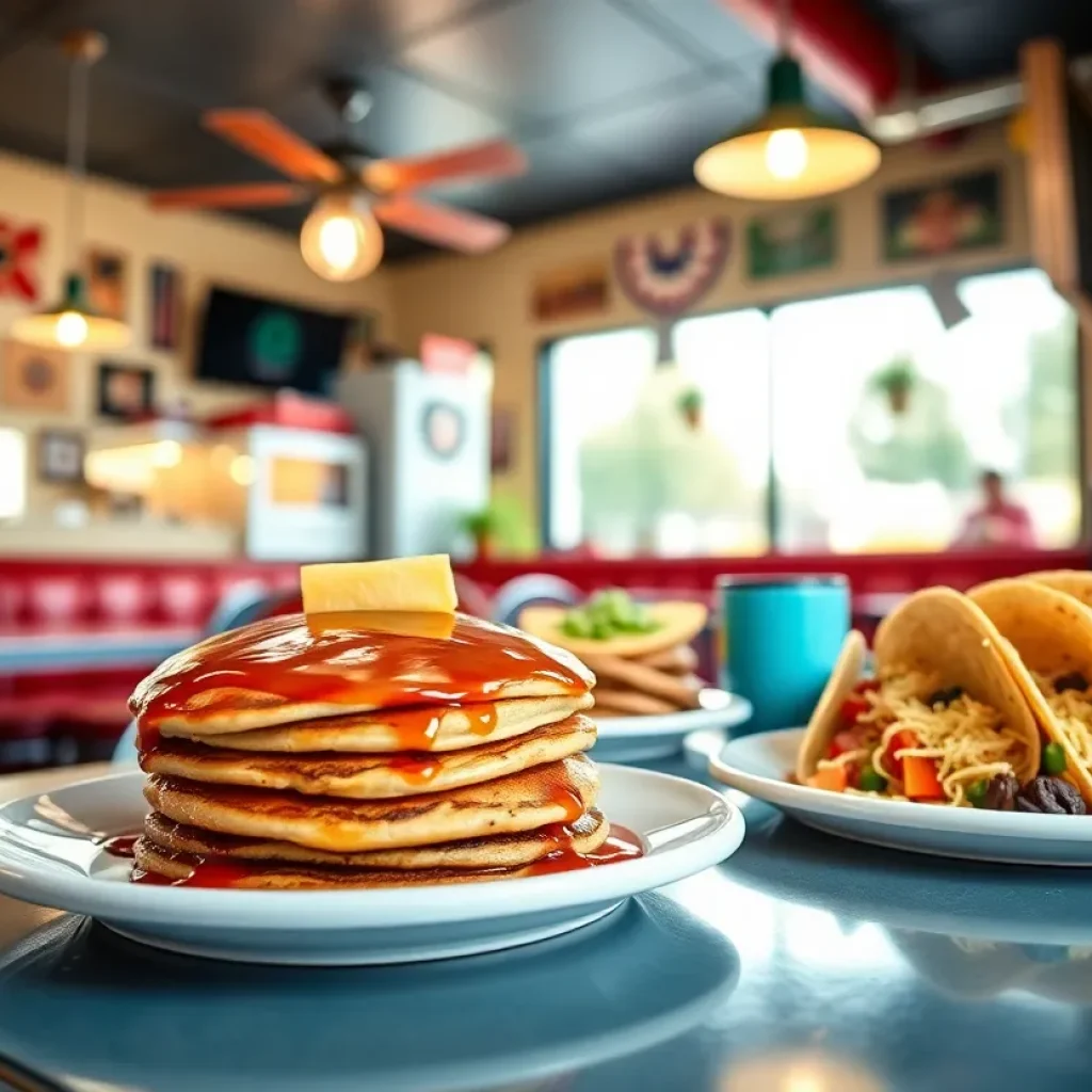 Inside view of Snooze A.M. Eatery with breakfast dishes on the table