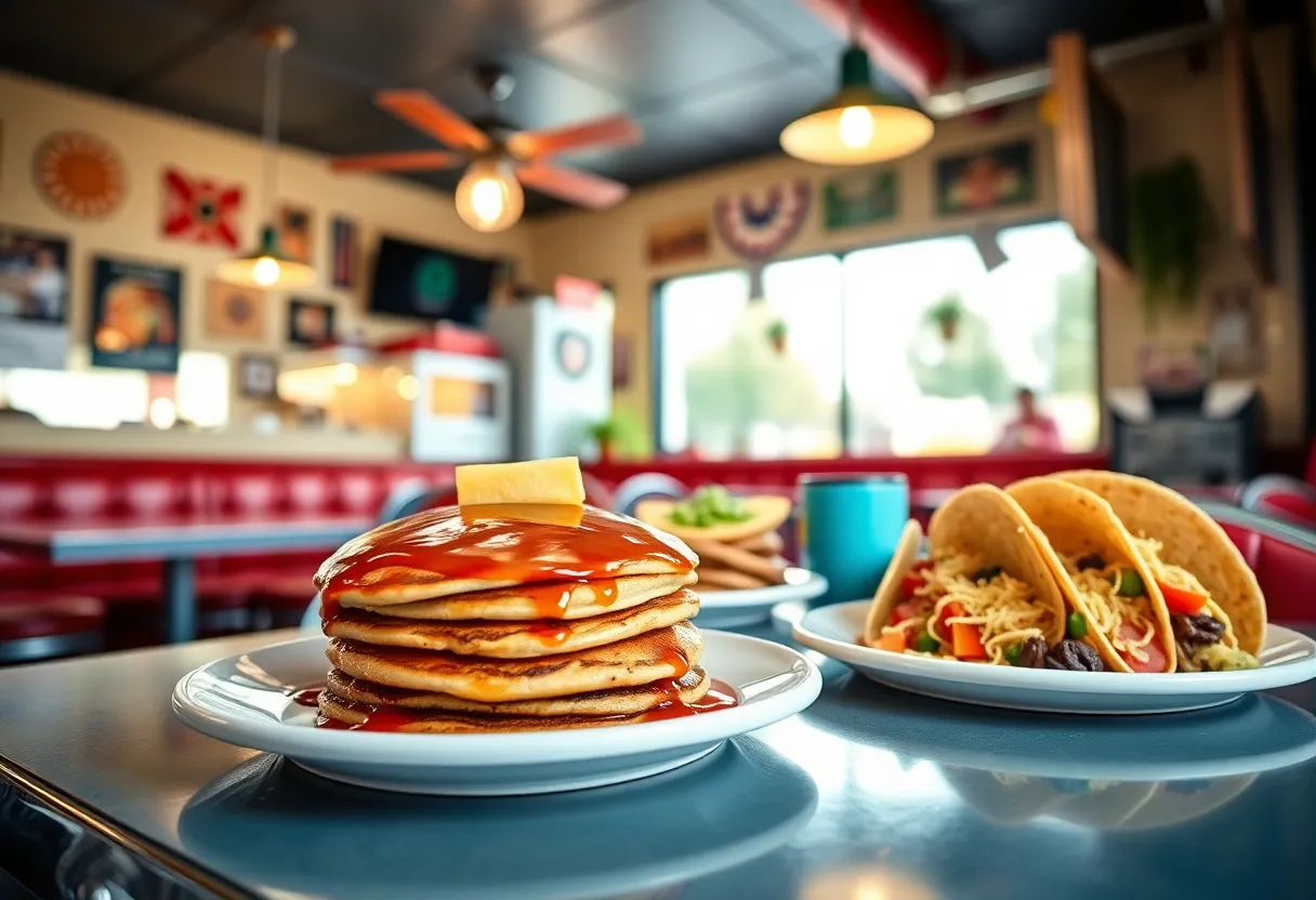 Inside view of Snooze A.M. Eatery with breakfast dishes on the table