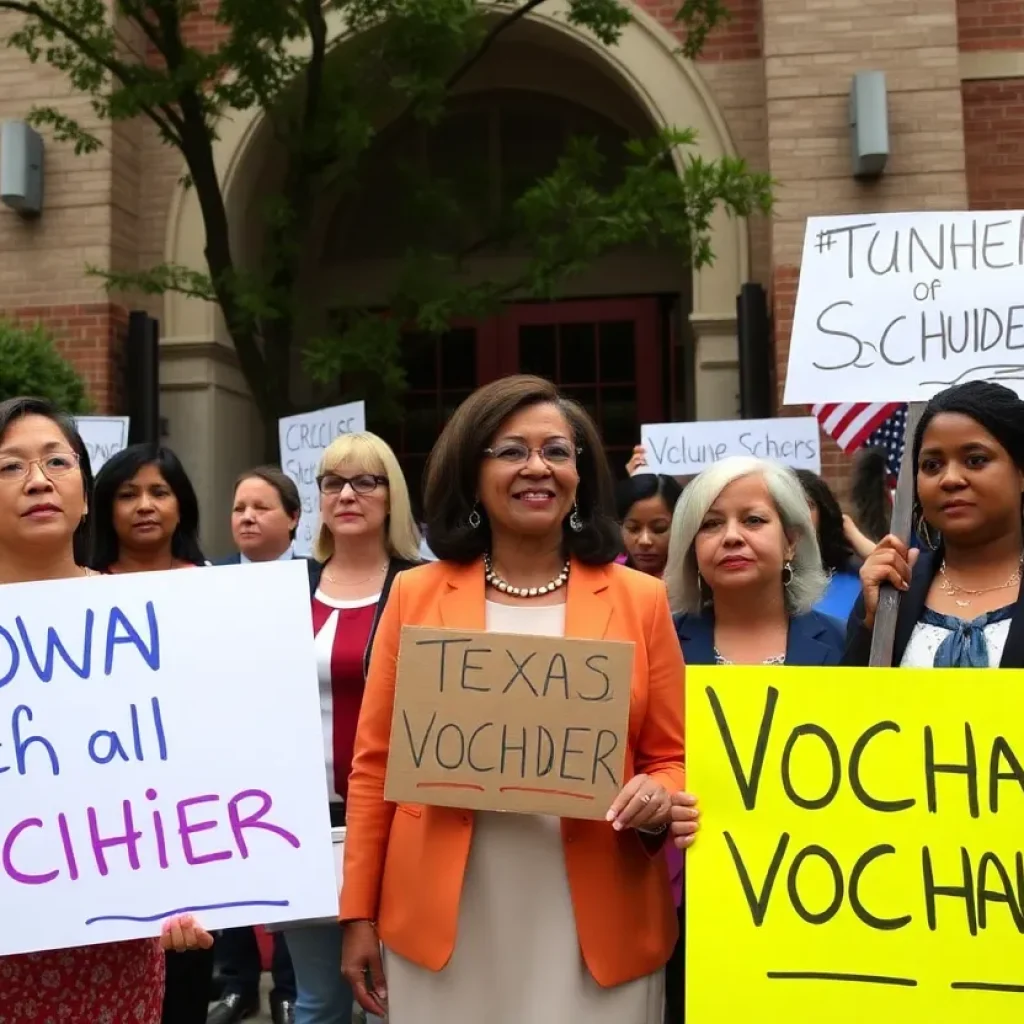 Texas lawmakers protesting outside a school