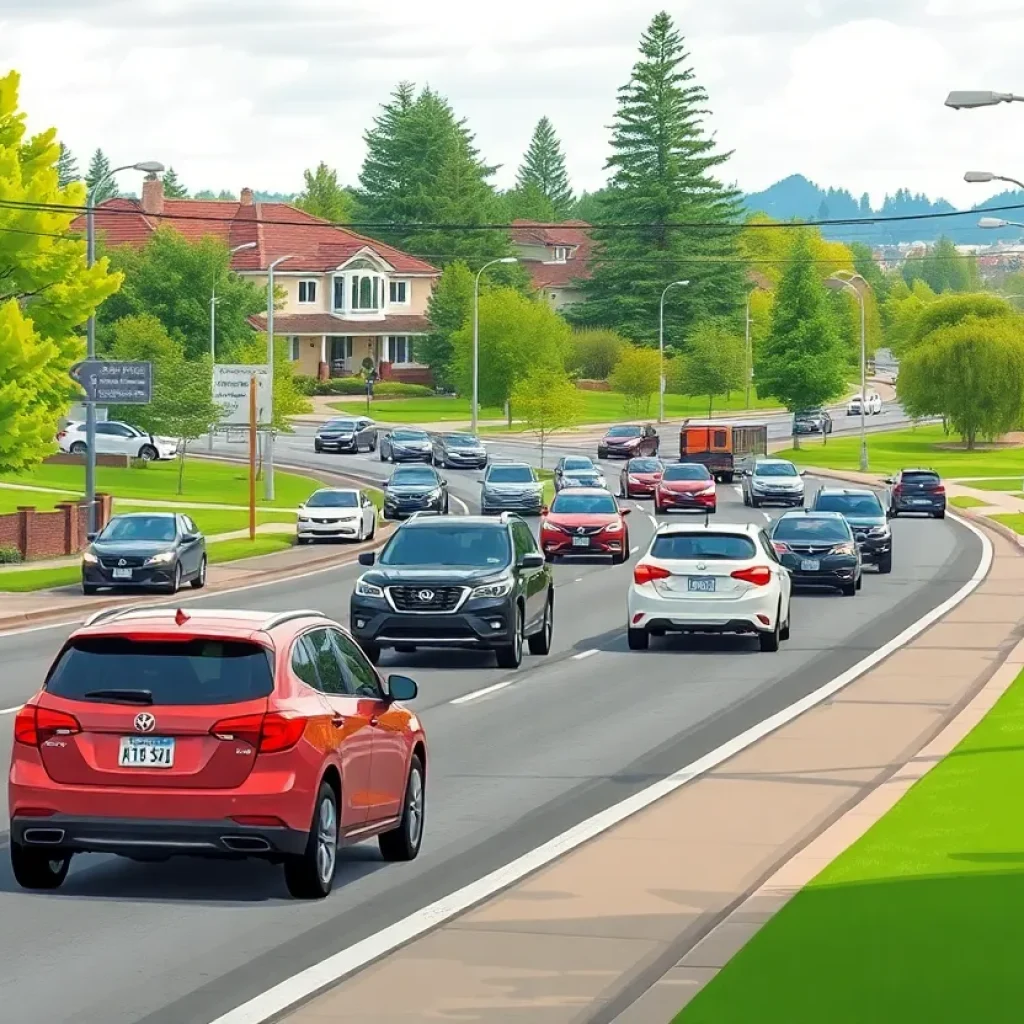 A busy Georgetown road scene with vehicles and pedestrians.