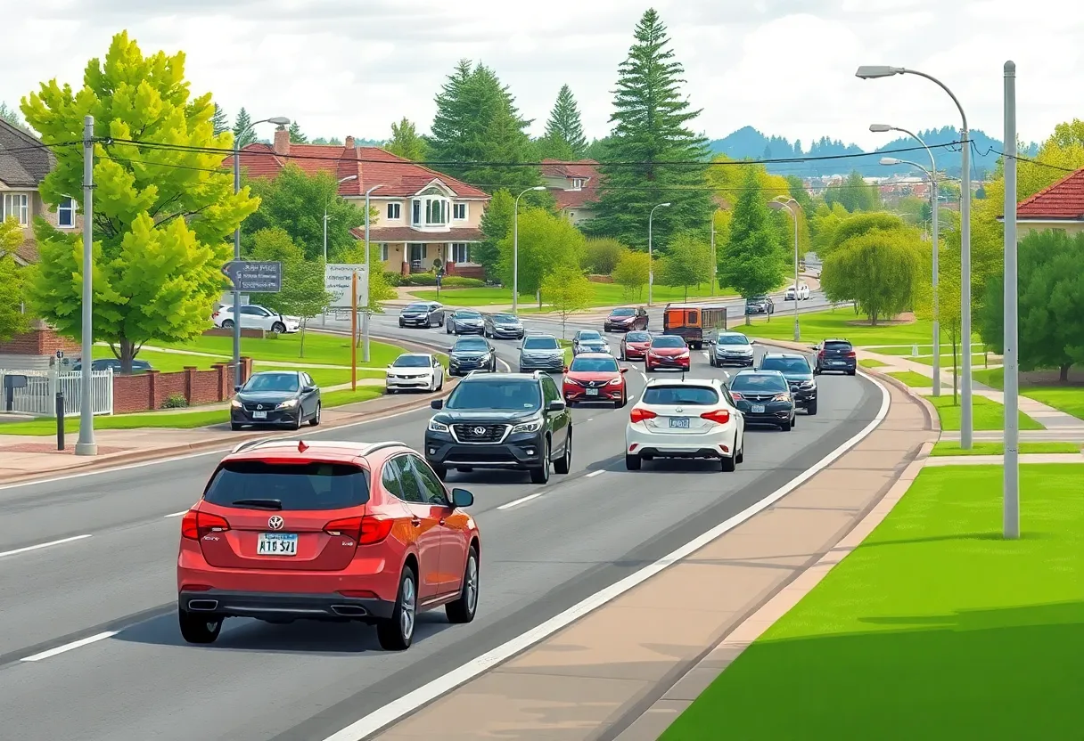 A busy Georgetown road scene with vehicles and pedestrians.