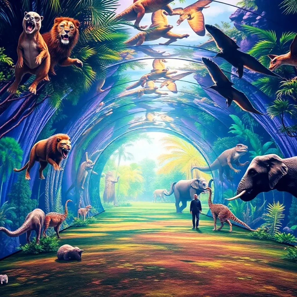 A mesmerizing holographic tunnel with various animals in the Zoocade holographic zoo.