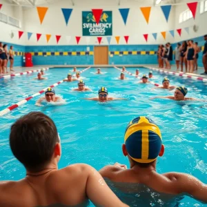 Swimmers practicing in a college swimming pool with a supportive team atmosphere.