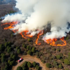 Aerial view of the Westhampton brush fire covering a large area with smoke and emergency responders visible.