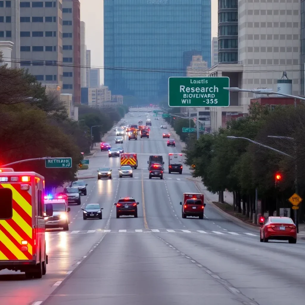 Scene of a tragic accident on Research Boulevard in Austin with emergency vehicles