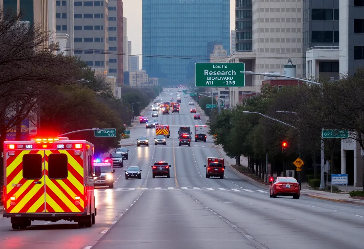 Scene of a tragic accident on Research Boulevard in Austin with emergency vehicles