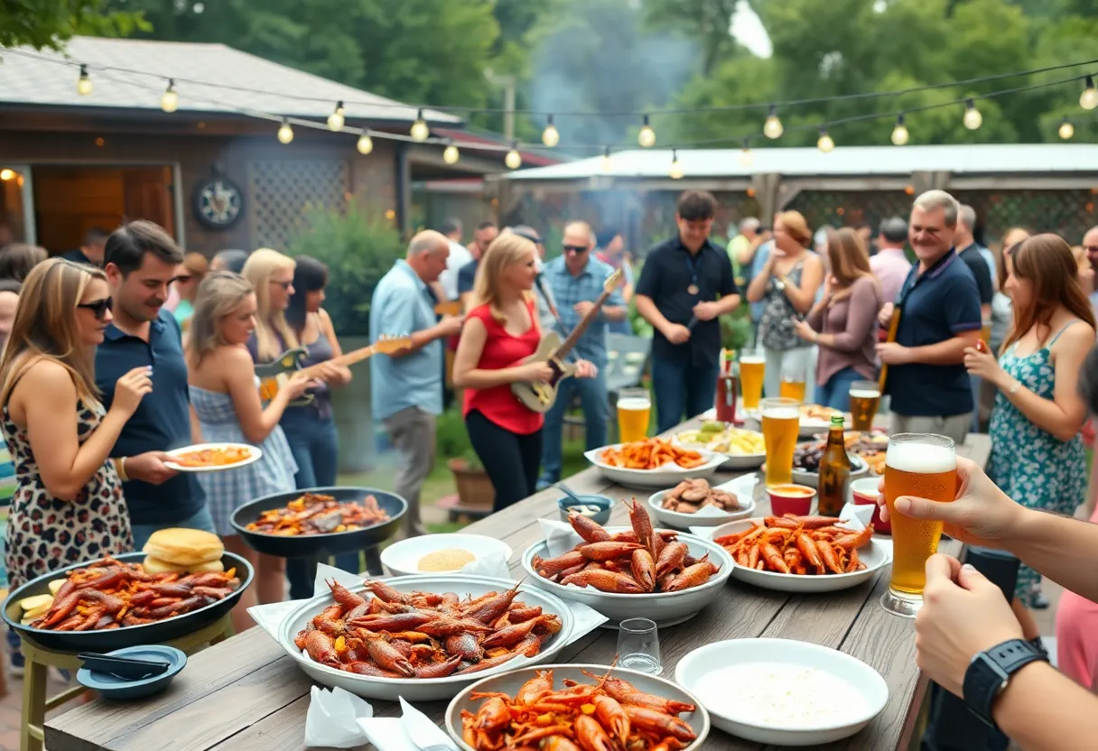Guests enjoying food and live music at an outdoor BBQ event in Austin