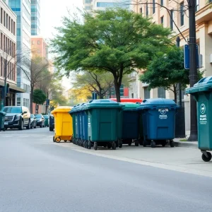 Waste management carts on an organized street in Austin