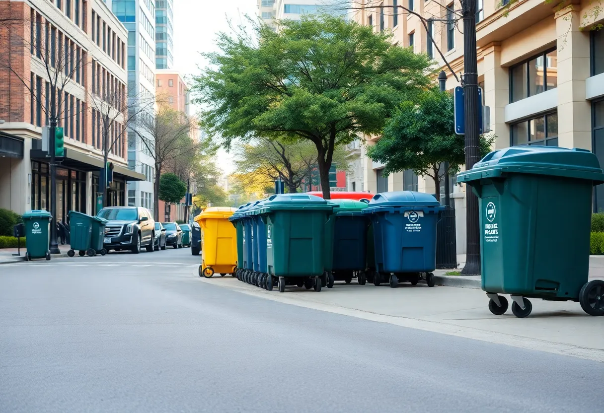Waste management carts on an organized street in Austin