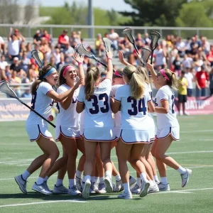 Blugold lacrosse team celebrating on the field after a win.
