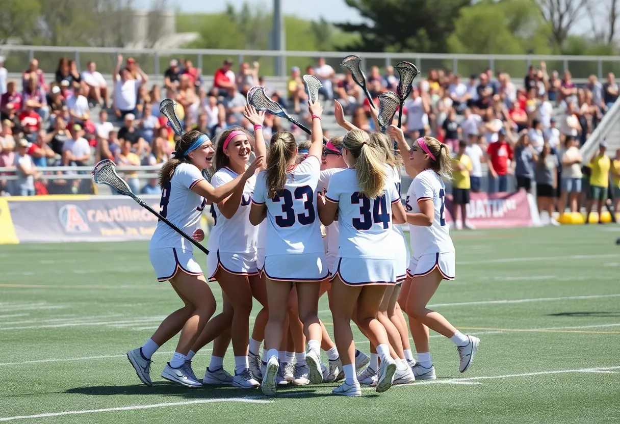 Blugold lacrosse team celebrating on the field after a win.