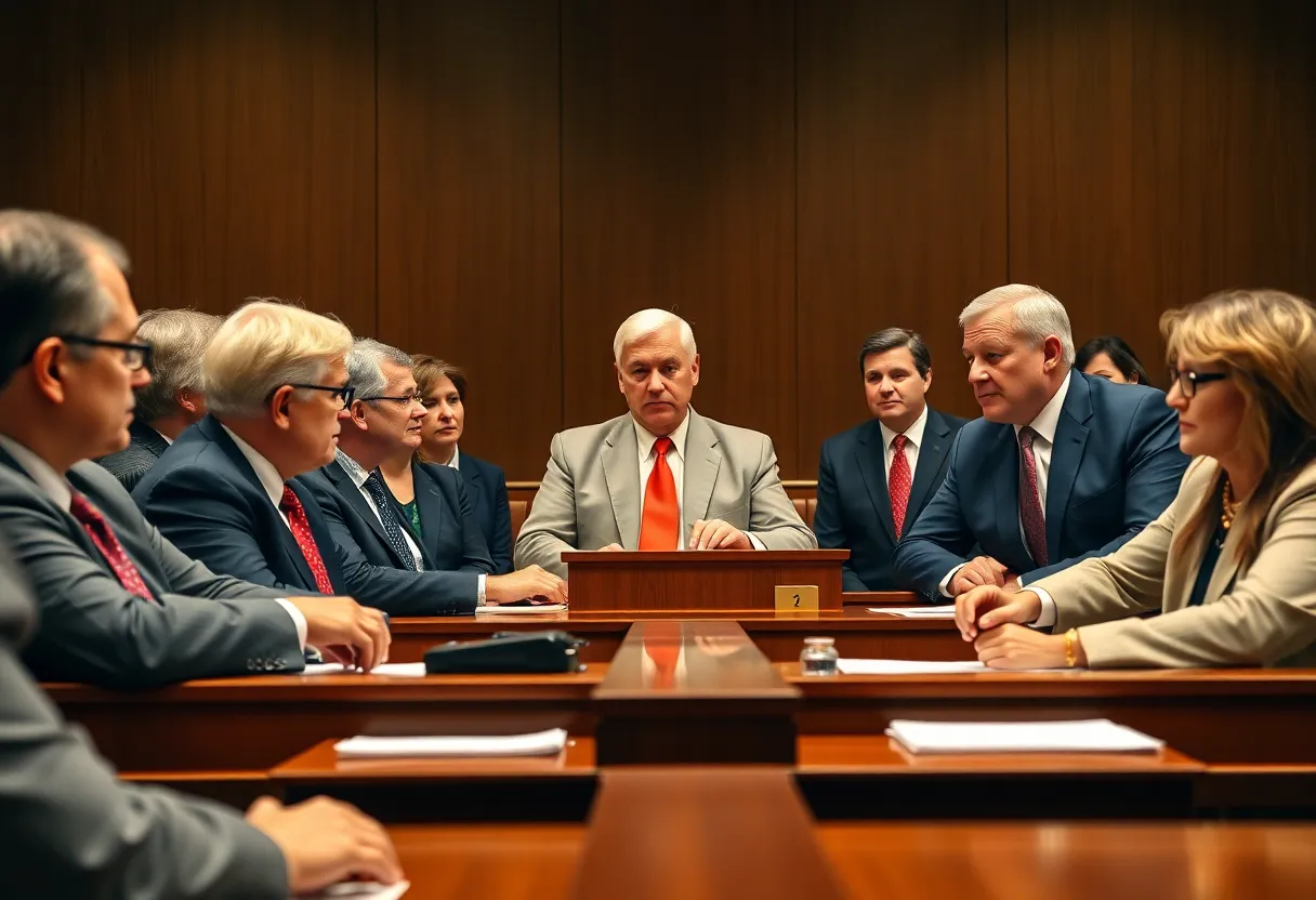 Business representatives in courtroom discussing trade tariffs