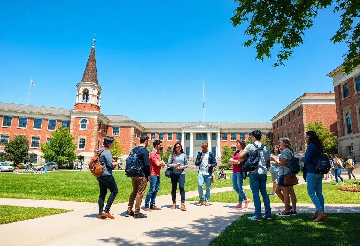 Students enjoying a sunny day on campus engaged in conversation.