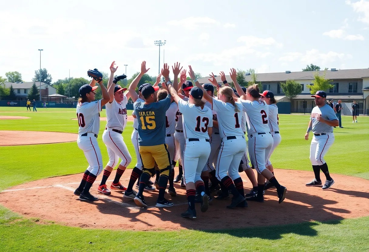 Centenary baseball team celebrating a victory on the field