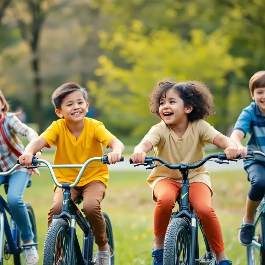 Diverse children enjoying bike rides in a sunny park.