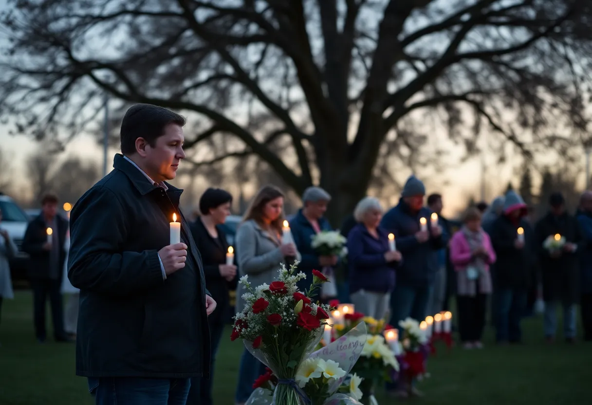 Community members holding candles in remembrance of firefighter Kurt Lentz