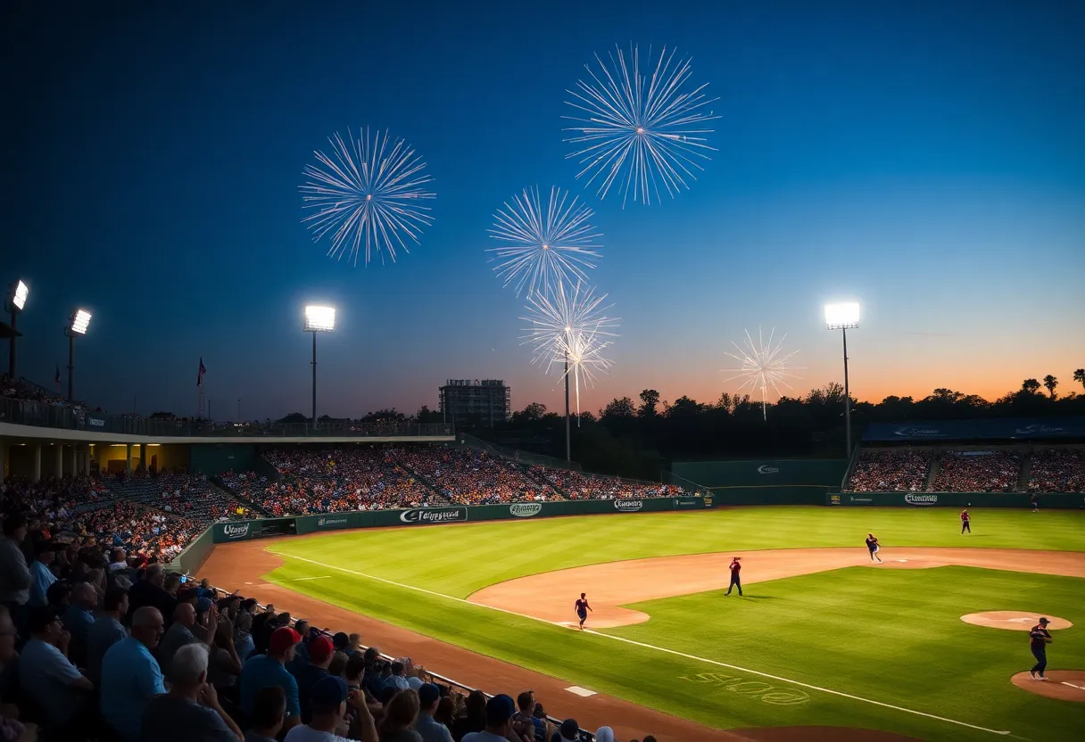 Fans cheering at El Paso Chihuahuas home opener with fireworks