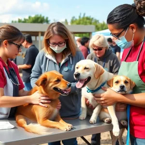 Volunteers providing veterinary care to pets of the homeless in Austin.
