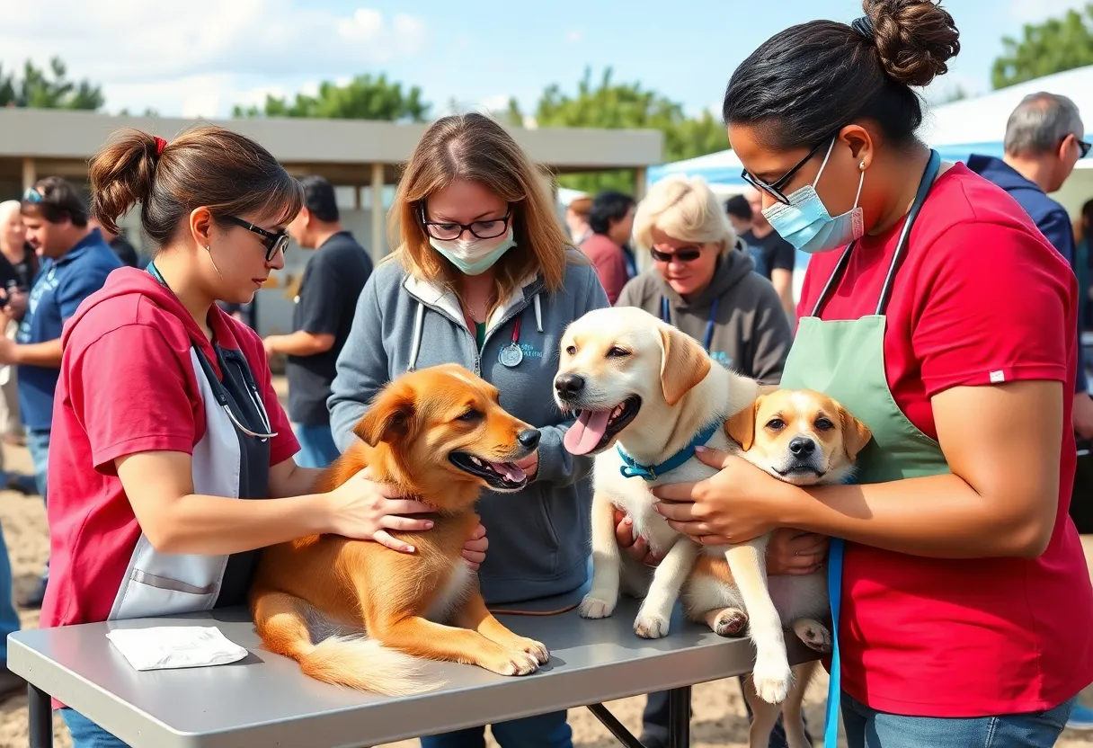Volunteers providing veterinary care to pets of the homeless in Austin.