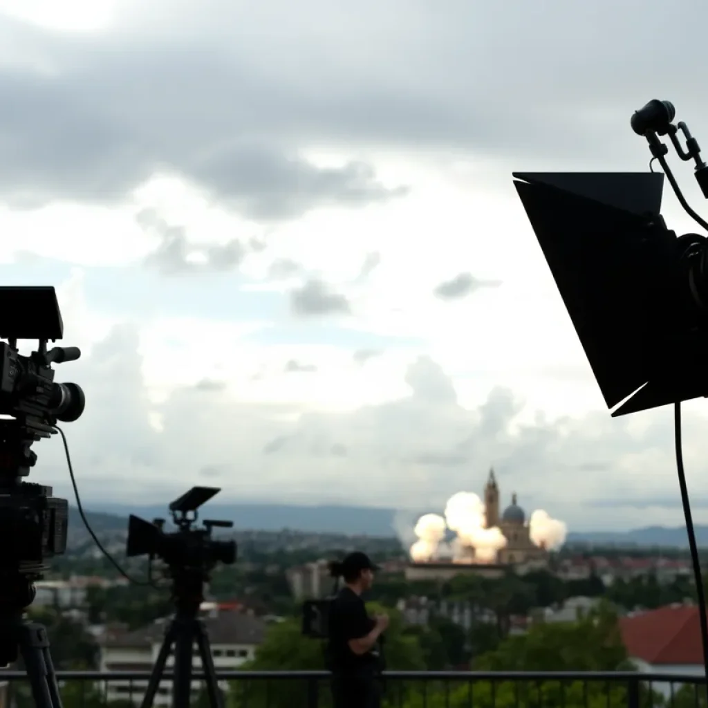 Film production scene in Georgetown featuring controlled explosions