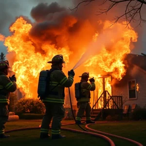 Firefighters responding to a house fire during a thunderstorm in Georgetown, Texas.