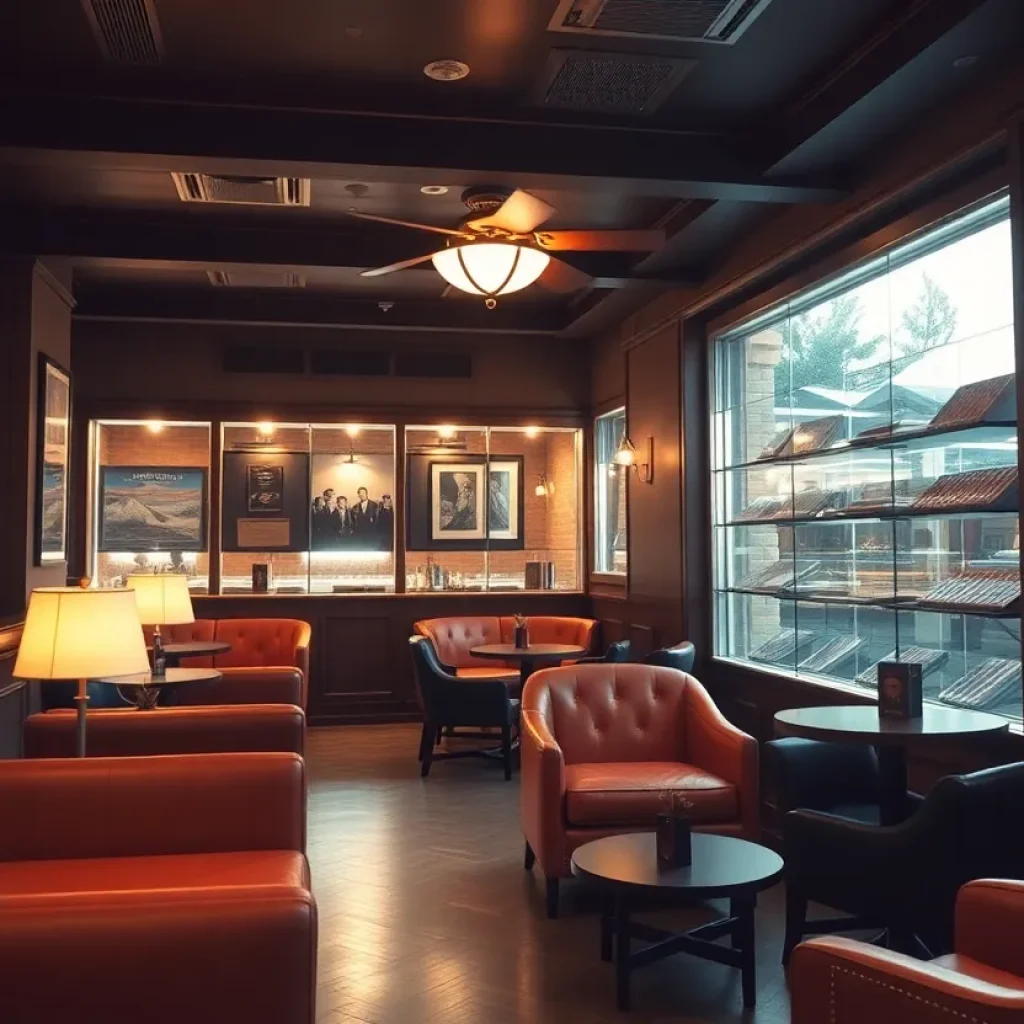 Cozy environment of a cigar lounge with seating and cigars displayed