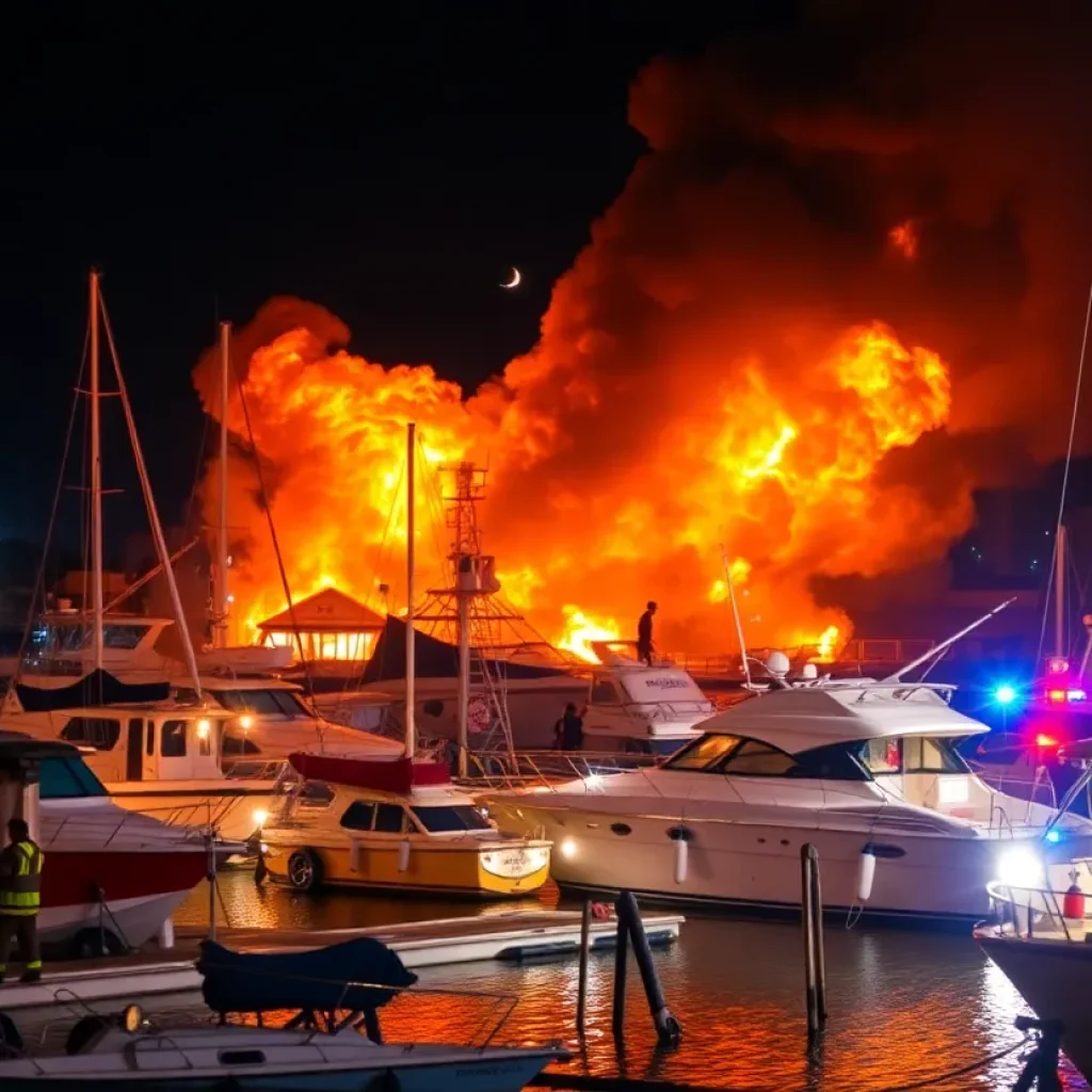 Fire engulfing boats at Lake Travis Marina with emergency responders present