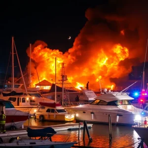 Fire engulfing boats at Lake Travis Marina with emergency responders present